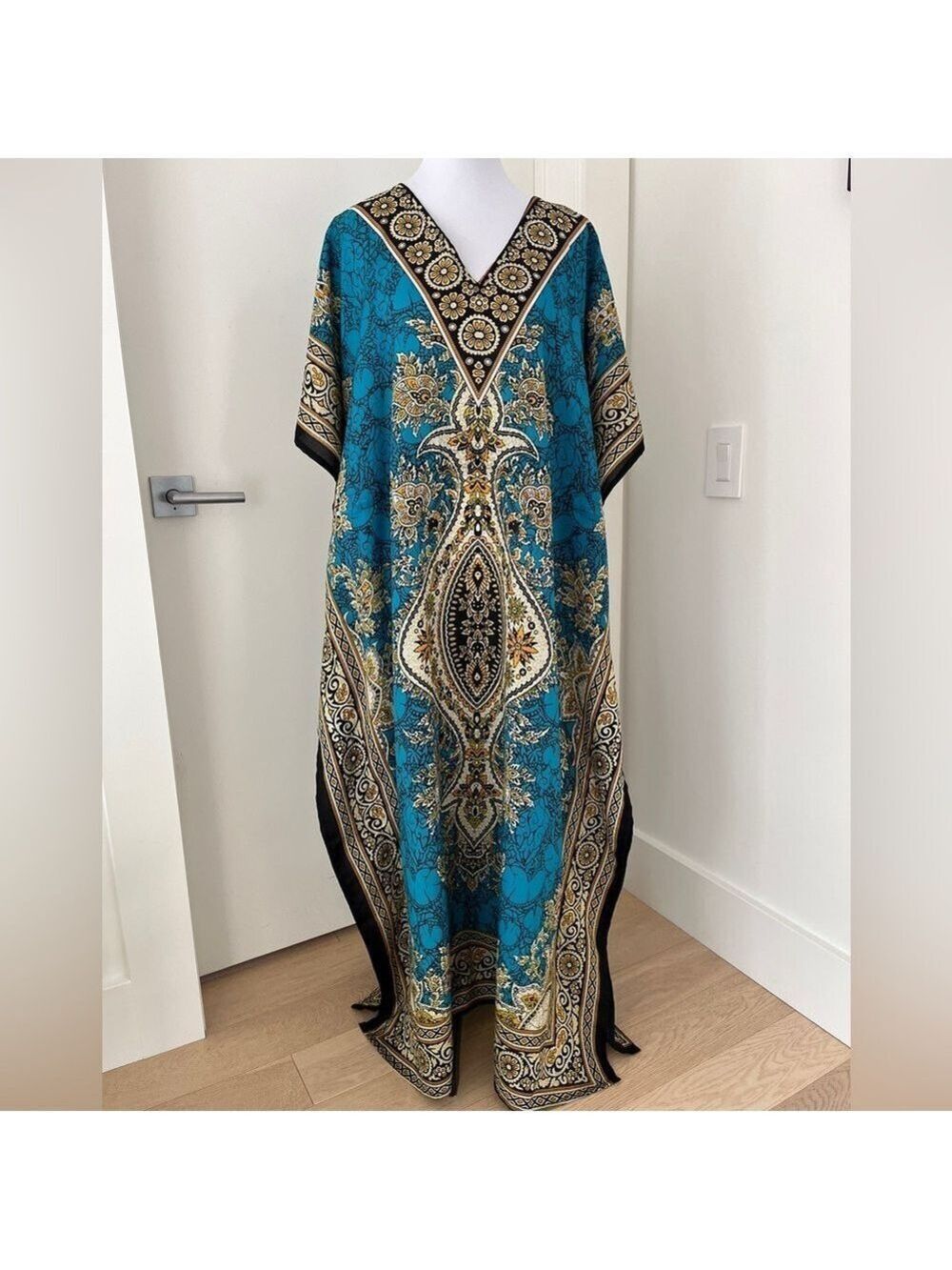 CAFTAN Maxi Dress V Neck Batwing Short Sleeve Adjustable Waist Boho Resortwear